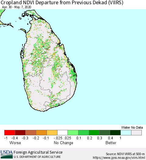 Sri Lanka Cropland NDVI Departure from Previous Dekad (VIIRS) Thematic Map For 5/1/2020 - 5/10/2020