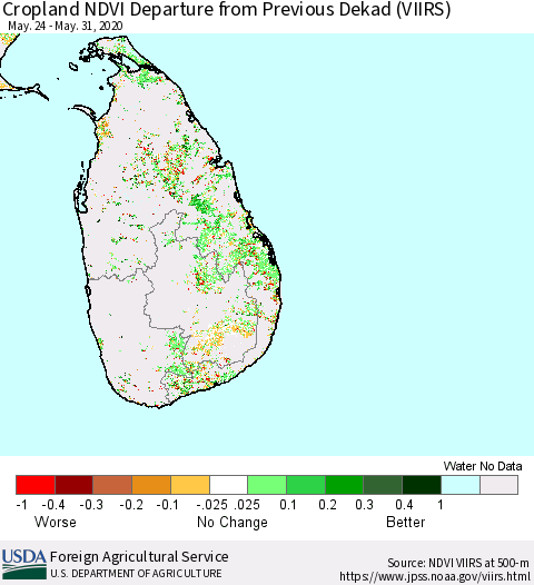 Sri Lanka Cropland NDVI Departure from Previous Dekad (VIIRS) Thematic Map For 5/21/2020 - 5/31/2020