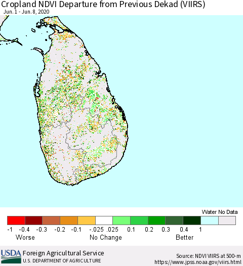 Sri Lanka Cropland NDVI Departure from Previous Dekad (VIIRS) Thematic Map For 6/1/2020 - 6/10/2020