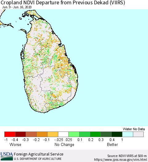 Sri Lanka Cropland NDVI Departure from Previous Dekad (VIIRS) Thematic Map For 6/11/2020 - 6/20/2020