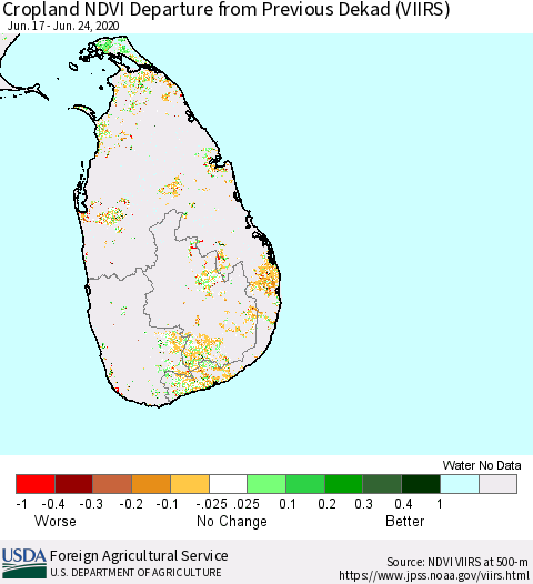 Sri Lanka Cropland NDVI Departure from Previous Dekad (VIIRS) Thematic Map For 6/21/2020 - 6/30/2020