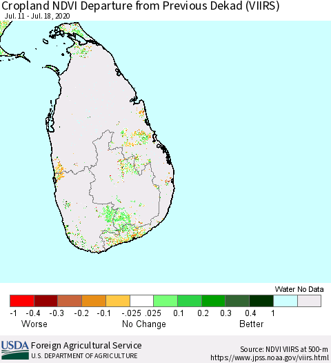 Sri Lanka Cropland NDVI Departure from Previous Dekad (VIIRS) Thematic Map For 7/11/2020 - 7/20/2020