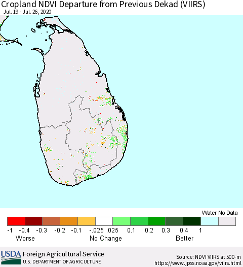 Sri Lanka Cropland NDVI Departure from Previous Dekad (VIIRS) Thematic Map For 7/21/2020 - 7/31/2020