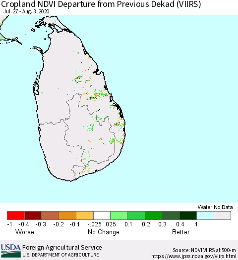 Sri Lanka Cropland NDVI Departure from Previous Dekad (VIIRS) Thematic Map For 8/1/2020 - 8/10/2020