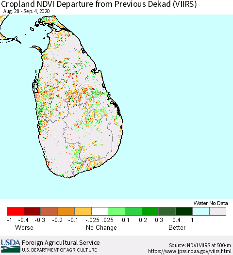 Sri Lanka Cropland NDVI Departure from Previous Dekad (VIIRS) Thematic Map For 9/1/2020 - 9/10/2020