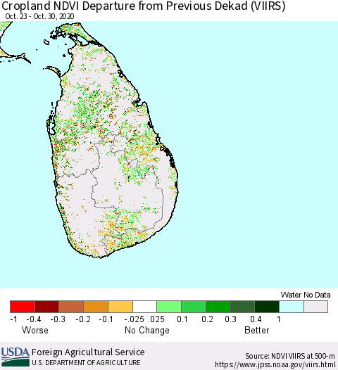 Sri Lanka Cropland NDVI Departure from Previous Dekad (VIIRS) Thematic Map For 10/21/2020 - 10/31/2020