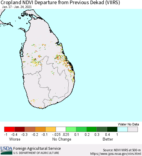 Sri Lanka Cropland NDVI Departure from Previous Dekad (VIIRS) Thematic Map For 1/21/2021 - 1/31/2021