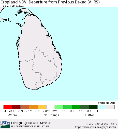 Sri Lanka Cropland NDVI Departure from Previous Dekad (VIIRS) Thematic Map For 2/1/2021 - 2/10/2021