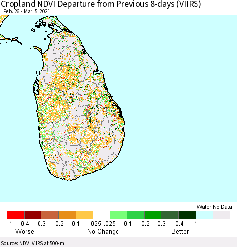 Sri Lanka Cropland NDVI Departure from Previous 8-days (VIIRS) Thematic Map For 2/26/2021 - 3/5/2021