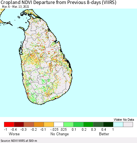 Sri Lanka Cropland NDVI Departure from Previous 8-days (VIIRS) Thematic Map For 3/6/2021 - 3/13/2021