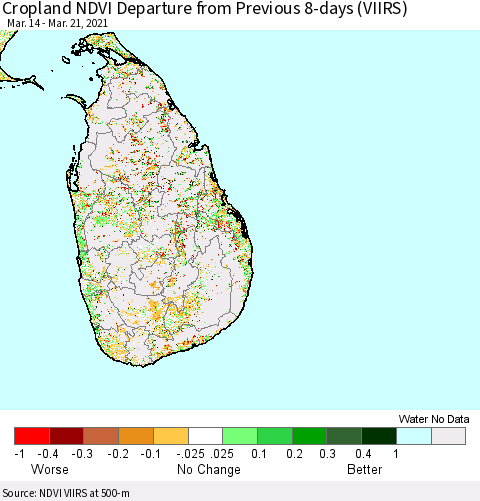 Sri Lanka Cropland NDVI Departure from Previous 8-days (VIIRS) Thematic Map For 3/14/2021 - 3/21/2021