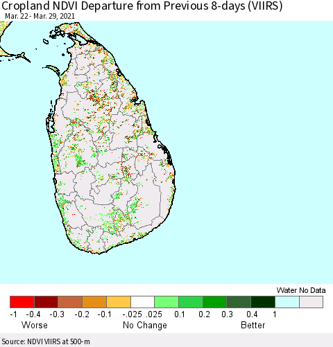 Sri Lanka Cropland NDVI Departure from Previous 8-days (VIIRS) Thematic Map For 3/22/2021 - 3/29/2021