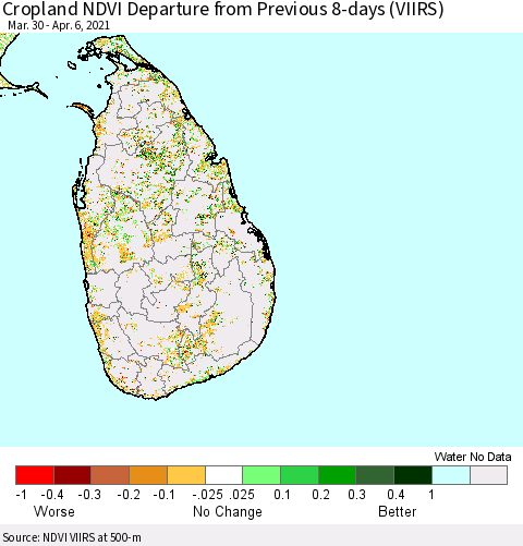 Sri Lanka Cropland NDVI Departure from Previous 8-days (VIIRS) Thematic Map For 3/30/2021 - 4/6/2021