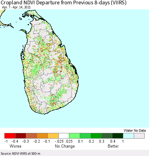 Sri Lanka Cropland NDVI Departure from Previous 8-days (VIIRS) Thematic Map For 4/7/2021 - 4/14/2021