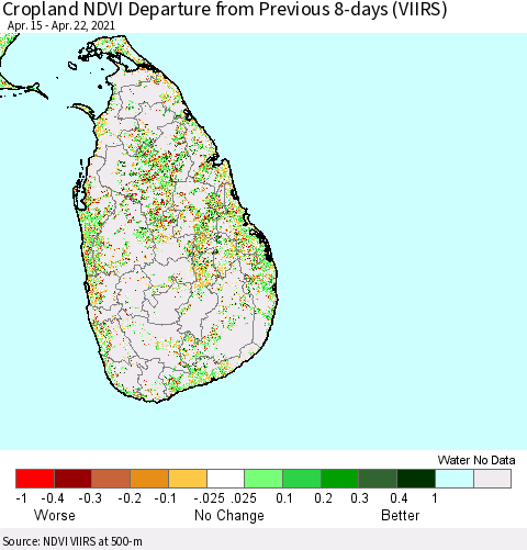 Sri Lanka Cropland NDVI Departure from Previous 8-days (VIIRS) Thematic Map For 4/15/2021 - 4/22/2021