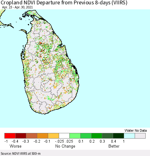Sri Lanka Cropland NDVI Departure from Previous Dekad (VIIRS) Thematic Map For 4/21/2021 - 4/30/2021