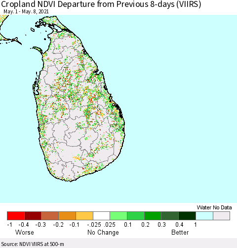 Sri Lanka Cropland NDVI Departure from Previous 8-days (VIIRS) Thematic Map For 5/1/2021 - 5/8/2021