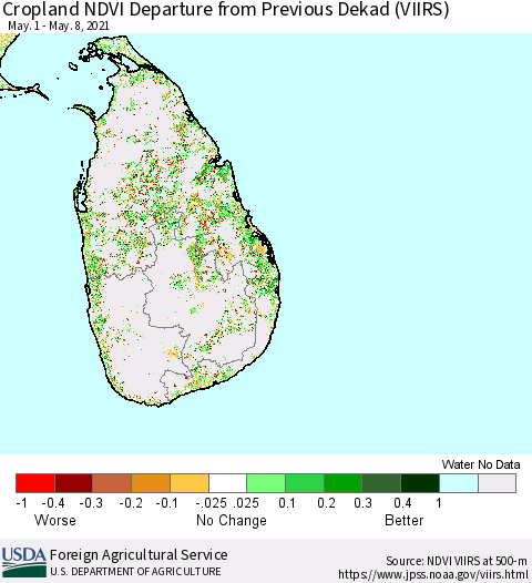 Sri Lanka Cropland NDVI Departure from Previous Dekad (VIIRS) Thematic Map For 5/1/2021 - 5/10/2021