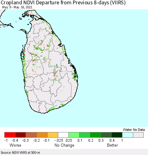 Sri Lanka Cropland NDVI Departure from Previous 8-days (VIIRS) Thematic Map For 5/9/2021 - 5/16/2021