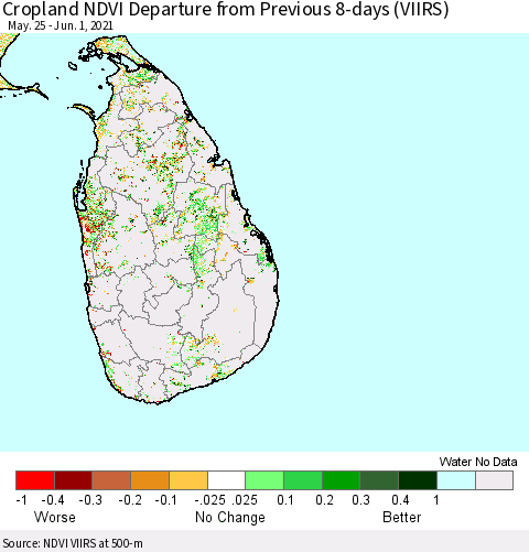 Sri Lanka Cropland NDVI Departure from Previous 8-days (VIIRS) Thematic Map For 5/25/2021 - 6/1/2021