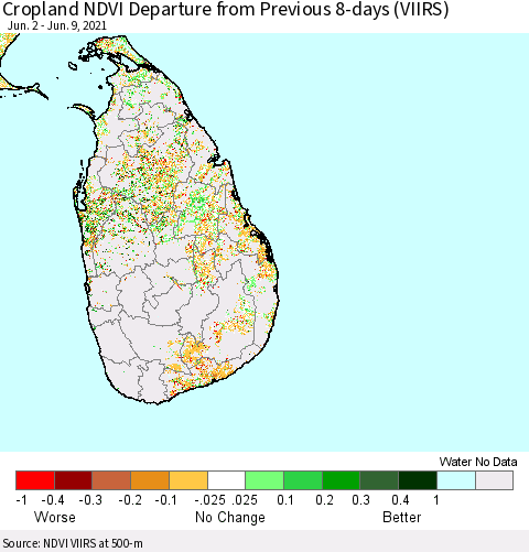 Sri Lanka Cropland NDVI Departure from Previous 8-days (VIIRS) Thematic Map For 6/2/2021 - 6/9/2021