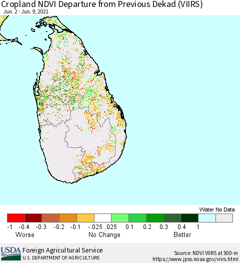 Sri Lanka Cropland NDVI Departure from Previous Dekad (VIIRS) Thematic Map For 6/1/2021 - 6/10/2021