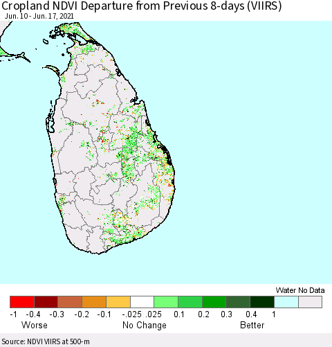 Sri Lanka Cropland NDVI Departure from Previous 8-days (VIIRS) Thematic Map For 6/10/2021 - 6/17/2021