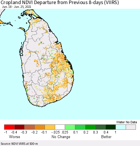 Sri Lanka Cropland NDVI Departure from Previous 8-days (VIIRS) Thematic Map For 6/18/2021 - 6/25/2021