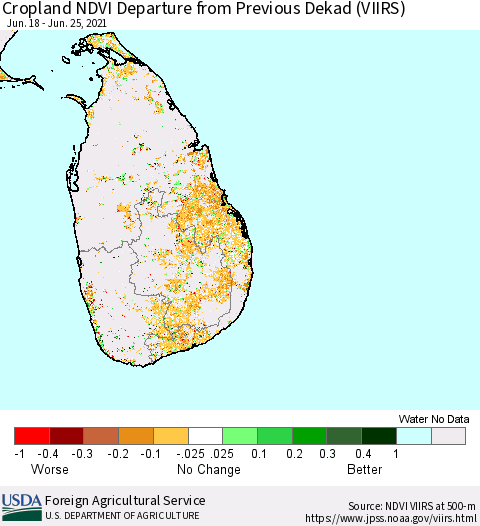 Sri Lanka Cropland NDVI Departure from Previous Dekad (VIIRS) Thematic Map For 6/21/2021 - 6/30/2021