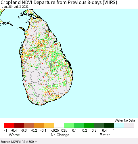 Sri Lanka Cropland NDVI Departure from Previous 8-days (VIIRS) Thematic Map For 6/26/2021 - 7/3/2021