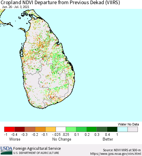 Sri Lanka Cropland NDVI Departure from Previous Dekad (VIIRS) Thematic Map For 7/1/2021 - 7/10/2021