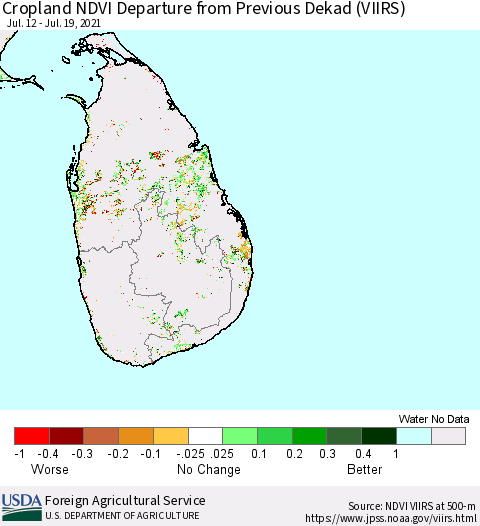Sri Lanka Cropland NDVI Departure from Previous Dekad (VIIRS) Thematic Map For 7/11/2021 - 7/20/2021