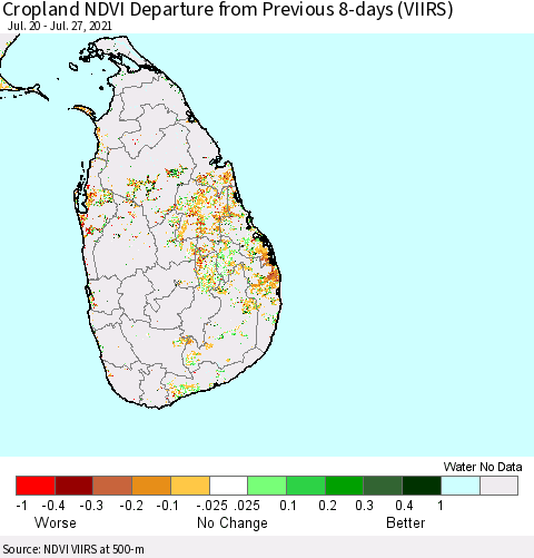 Sri Lanka Cropland NDVI Departure from Previous 8-days (VIIRS) Thematic Map For 7/20/2021 - 7/27/2021
