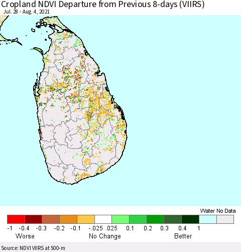 Sri Lanka Cropland NDVI Departure from Previous 8-days (VIIRS) Thematic Map For 7/28/2021 - 8/4/2021
