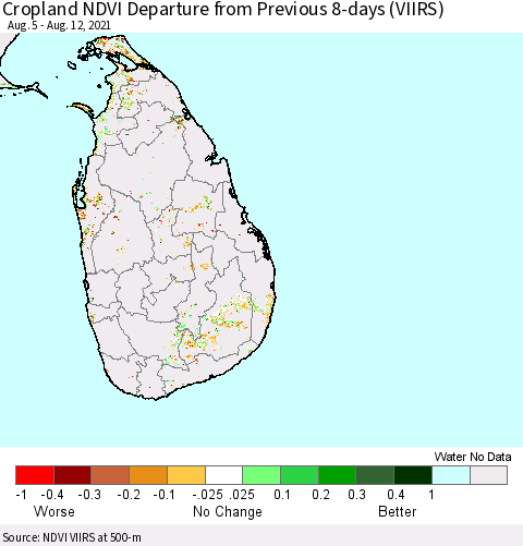 Sri Lanka Cropland NDVI Departure from Previous 8-days (VIIRS) Thematic Map For 8/5/2021 - 8/12/2021