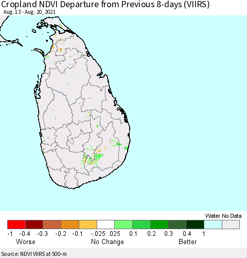 Sri Lanka Cropland NDVI Departure from Previous Dekad (VIIRS) Thematic Map For 8/11/2021 - 8/20/2021