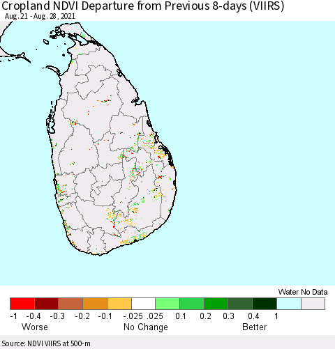 Sri Lanka Cropland NDVI Departure from Previous 8-days (VIIRS) Thematic Map For 8/21/2021 - 8/28/2021