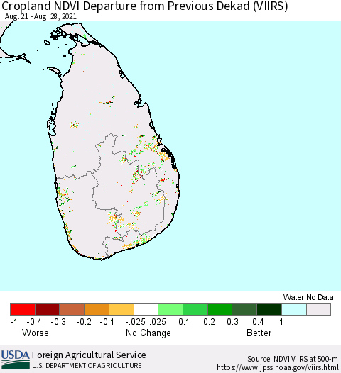 Sri Lanka Cropland NDVI Departure from Previous Dekad (VIIRS) Thematic Map For 8/21/2021 - 8/31/2021