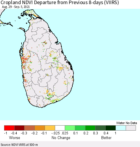 Sri Lanka Cropland NDVI Departure from Previous 8-days (VIIRS) Thematic Map For 8/29/2021 - 9/5/2021
