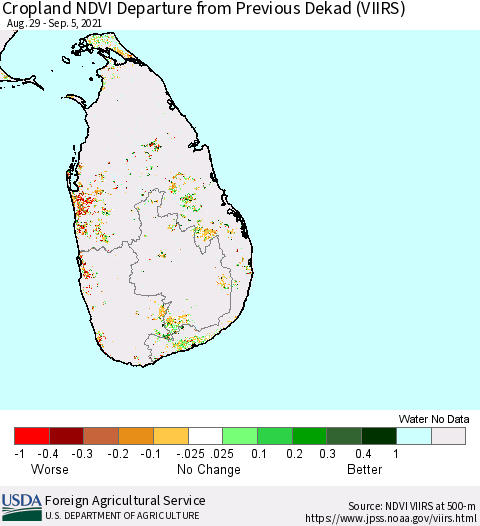 Sri Lanka Cropland NDVI Departure from Previous Dekad (VIIRS) Thematic Map For 9/1/2021 - 9/10/2021