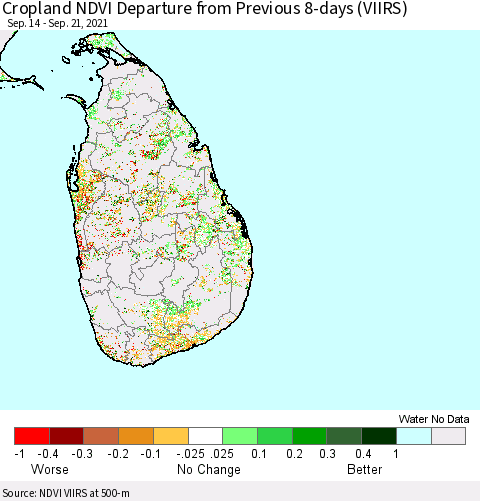 Sri Lanka Cropland NDVI Departure from Previous 8-days (VIIRS) Thematic Map For 9/14/2021 - 9/21/2021