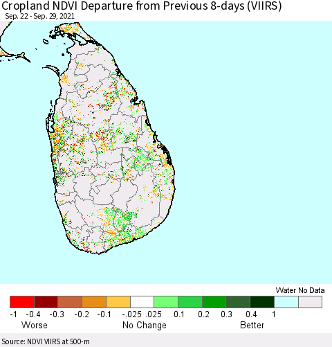 Sri Lanka Cropland NDVI Departure from Previous 8-days (VIIRS) Thematic Map For 9/22/2021 - 9/29/2021