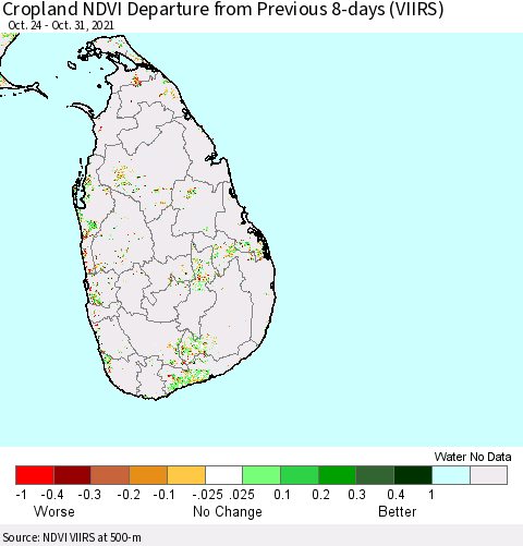 Sri Lanka Cropland NDVI Departure from Previous 8-days (VIIRS) Thematic Map For 10/24/2021 - 10/31/2021