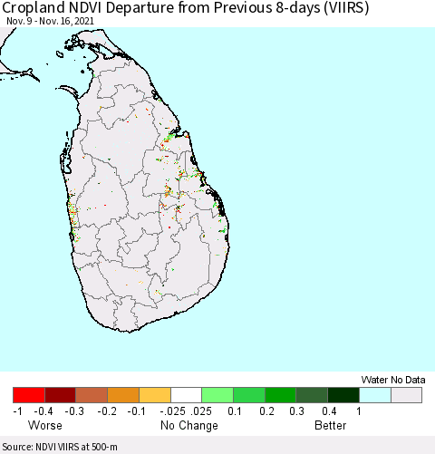 Sri Lanka Cropland NDVI Departure from Previous 8-days (VIIRS) Thematic Map For 11/9/2021 - 11/16/2021