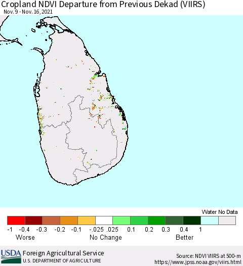 Sri Lanka Cropland NDVI Departure from Previous Dekad (VIIRS) Thematic Map For 11/11/2021 - 11/20/2021
