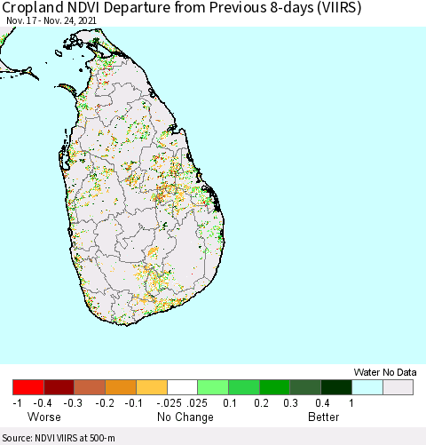 Sri Lanka Cropland NDVI Departure from Previous 8-days (VIIRS) Thematic Map For 11/17/2021 - 11/24/2021