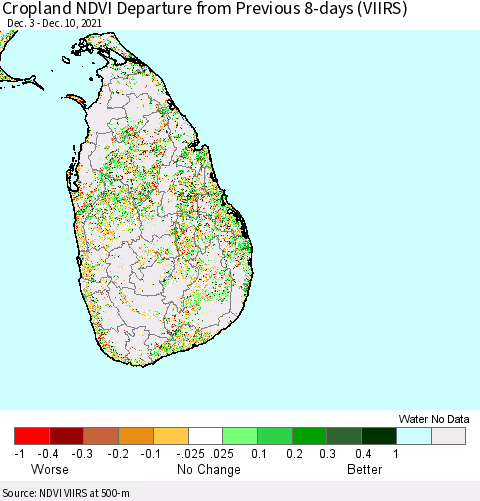 Sri Lanka Cropland NDVI Departure from Previous Dekad (VIIRS) Thematic Map For 12/1/2021 - 12/10/2021