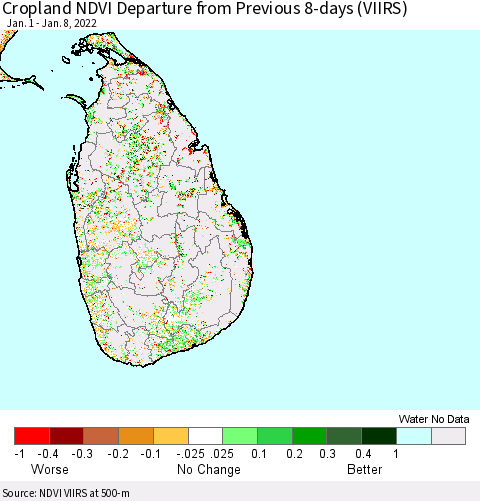 Sri Lanka Cropland NDVI Departure from Previous 8-days (VIIRS) Thematic Map For 1/1/2022 - 1/8/2022