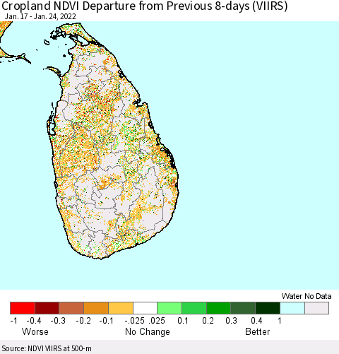 Sri Lanka Cropland NDVI Departure from Previous 8-days (VIIRS) Thematic Map For 1/17/2022 - 1/24/2022