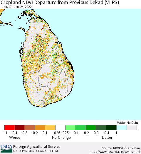 Sri Lanka Cropland NDVI Departure from Previous Dekad (VIIRS) Thematic Map For 1/21/2022 - 1/31/2022